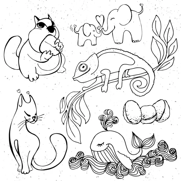 Silueta de animales lindos - hámster de dibujos animados, ballena, elefante, camaleón — Vector de stock