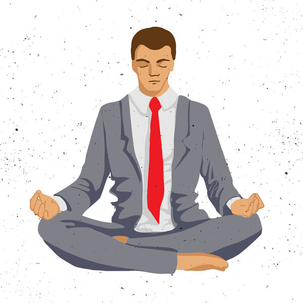 Businessman thinking during meditation, cartoon vector illustration, business man meditating