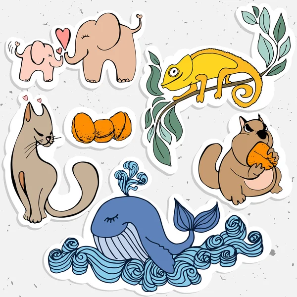 Animales lindos dibujos animados, camaleón, ballena con hámster y elefante . — Vector de stock