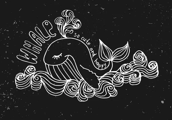 Ballena linda ilustración de dibujos animados sobre fondo negro, estilo tiza — Vector de stock