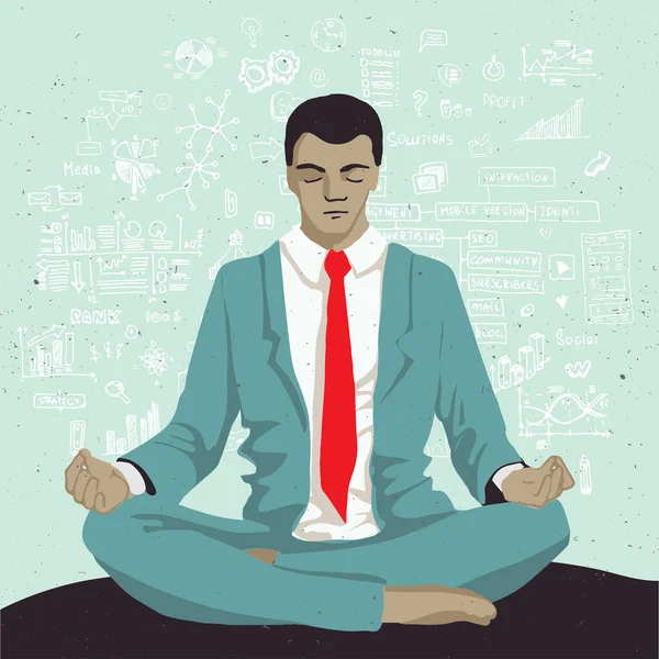 Affärsman mediterar med bakgrund av sociala nätverk doodles skiss element — Stock vektor