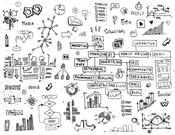 Szociális hálózat doodles - kézzel rajzolt média elemek összessége. — Stock Vector