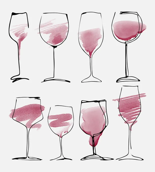 Conjunto de taças de vinho - colecção de taças de aquarela esboçadas e silhueta —  Vetores de Stock