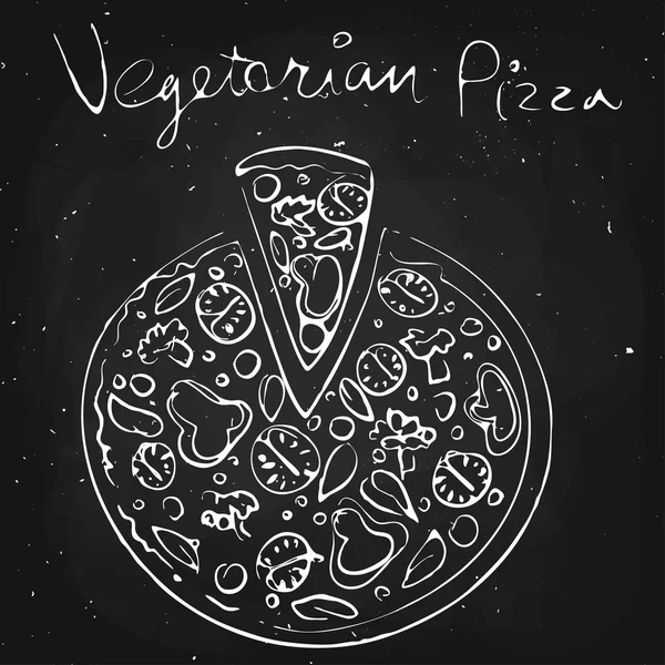 Pizza vegetal, dibujada en tiza sobre una pizarra — Vector de stock