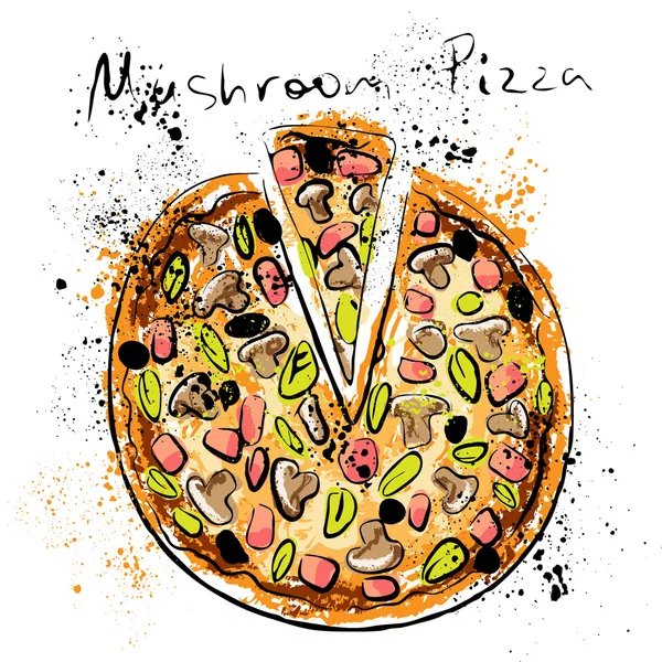Pizza de champiñones, dibujada en tiza sobre una pizarra — Vector de stock