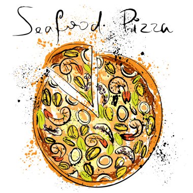 Deniz ürünleri pizza, bir tahtaya tebeşirle çizilmiş