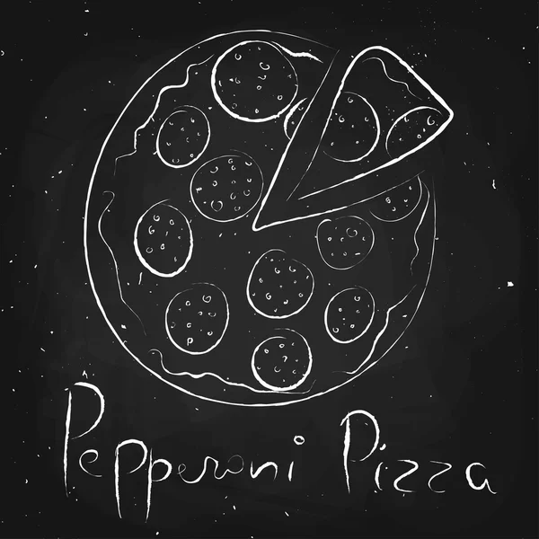 Pizza de pepperoni, dibujada en tiza sobre una pizarra — Vector de stock
