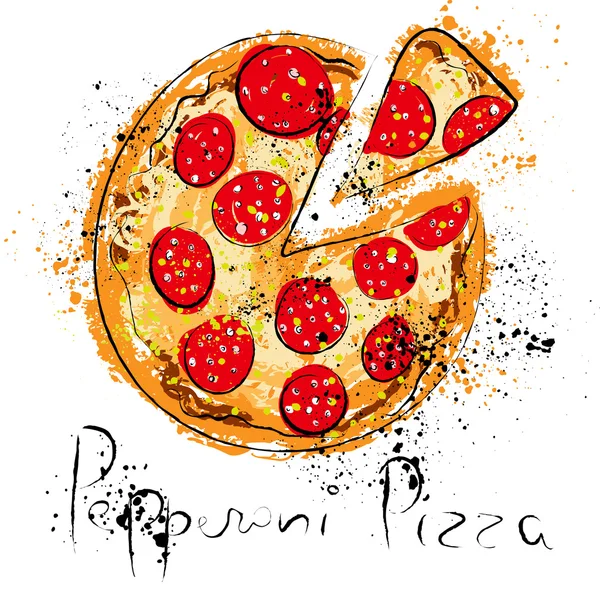 Pizza de pepperoni, dibujada en tiza sobre una pizarra — Vector de stock