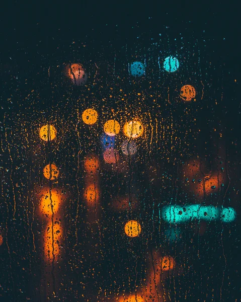 Orange Teal Bokeh Raindrops Glass — Stock Photo, Image
