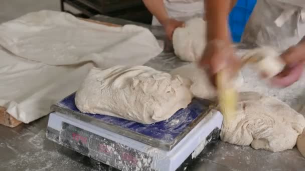 Pesando pan y midiendo masa usando balanzas y cortador — Vídeos de Stock