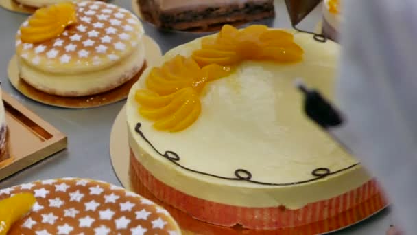 Baker agrega hielo a pastel de chocolate en fábrica — Vídeos de Stock