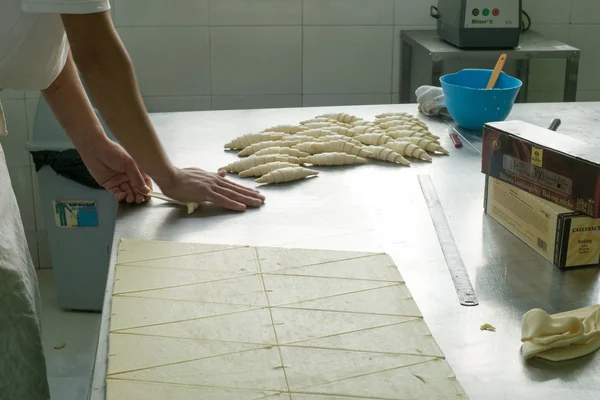 Baker Rolling Croissant Dough — Stock Photo, Image