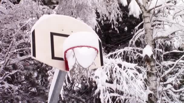 Aro de baloncesto bajo fuertes nevadas — Vídeo de stock