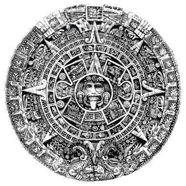 Aztec sun stone calendar illustration. Post classic Mexica sculpture. clipart
