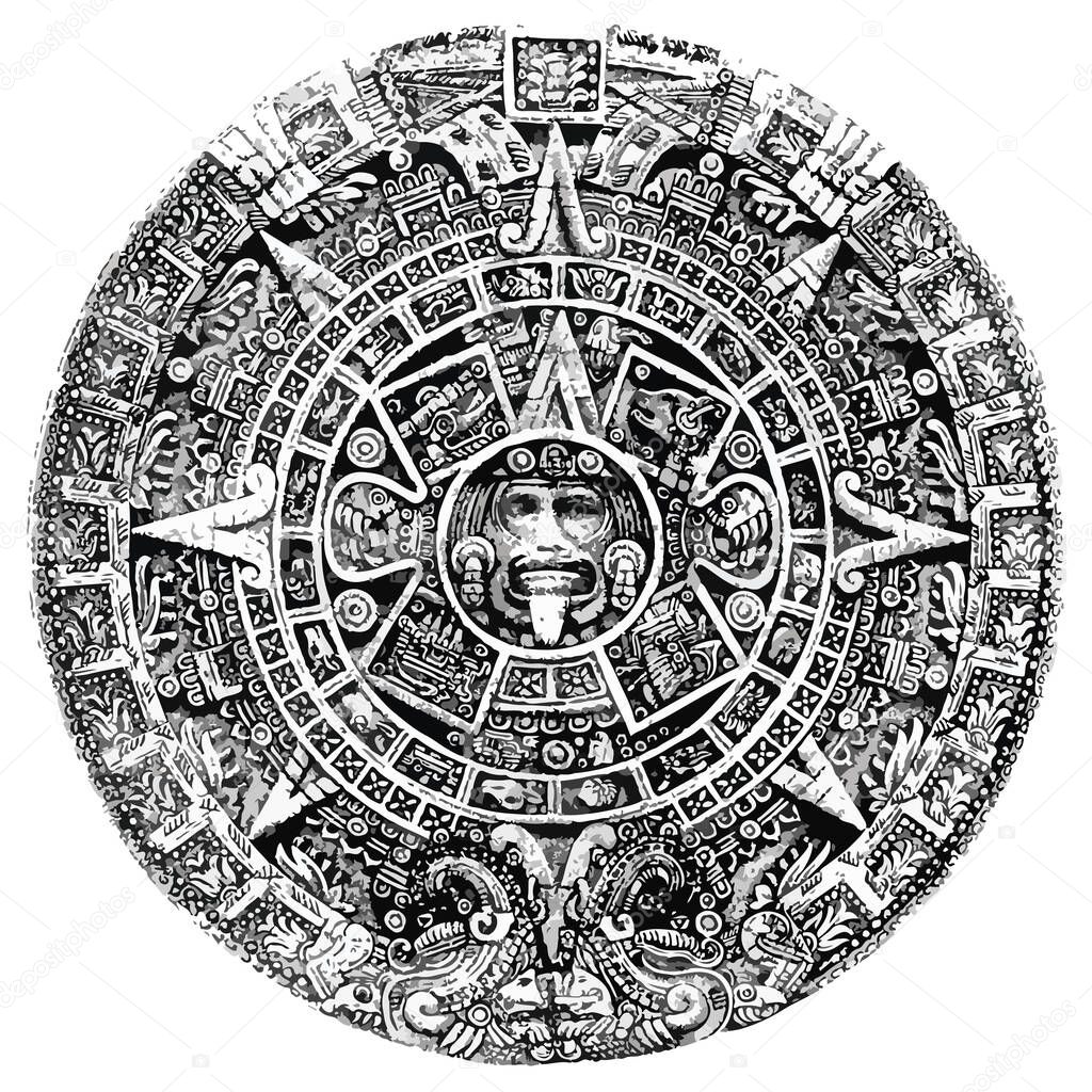 Aztec sun stone calendar illustration. Post classic Mexica sculpture.