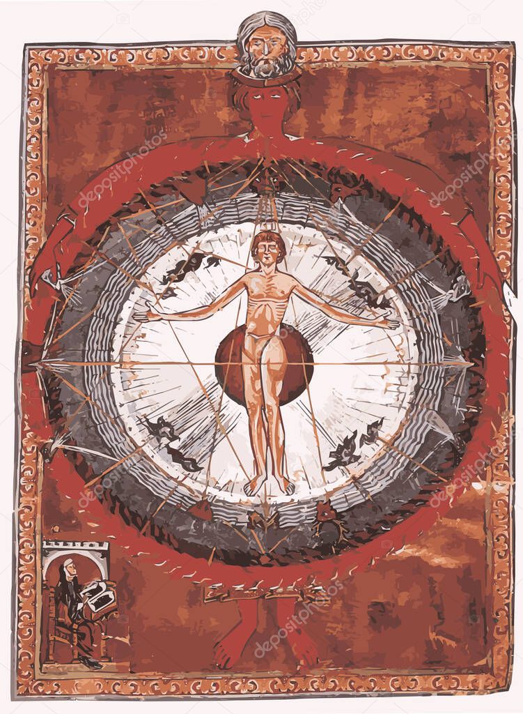 Hildegard Von Bingen's Universal Man, illustration of the illumination in the book Liber Divinorum Operum, or The Divine Work, from 1100s