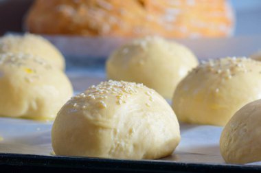 Evde pişirme ustası brioche burger çörekleri. Ekmek pişiriyorum..