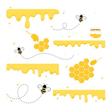 The flow of honey from the honeycomb with bees and different liquid flow.vector illustration and icon clipart