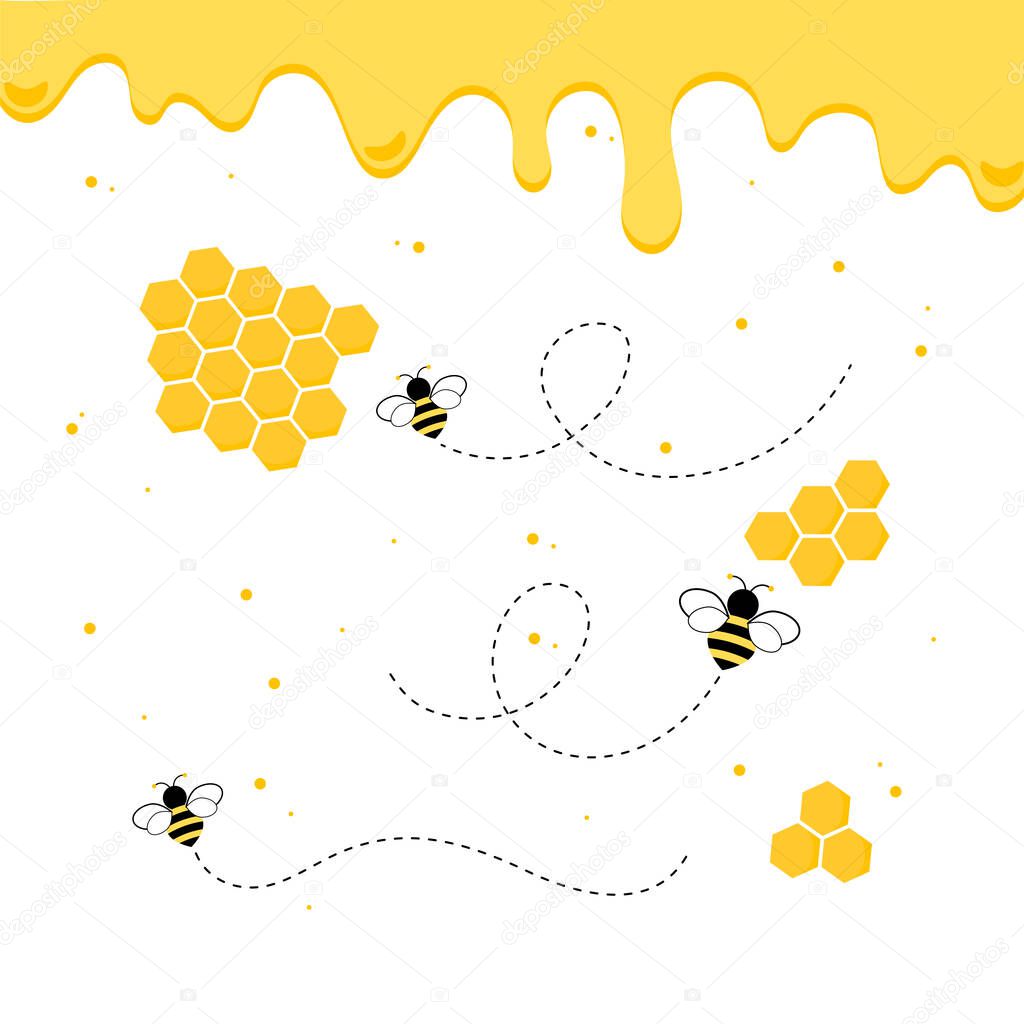 The flow of honey from the honeycomb with bees and different liquid flow.vector illustration and icon