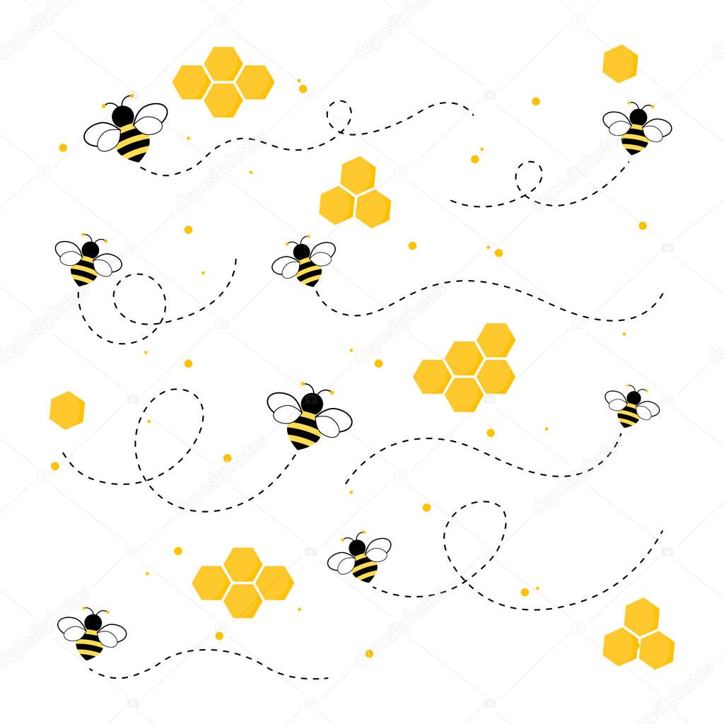 The flow of honey from the honeycomb with bees and different liquid flow.vector illustration and icon