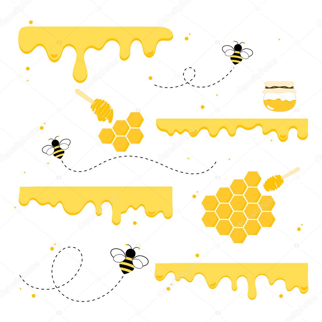 The flow of honey from the honeycomb with bees and different liquid flow.vector illustration and icon