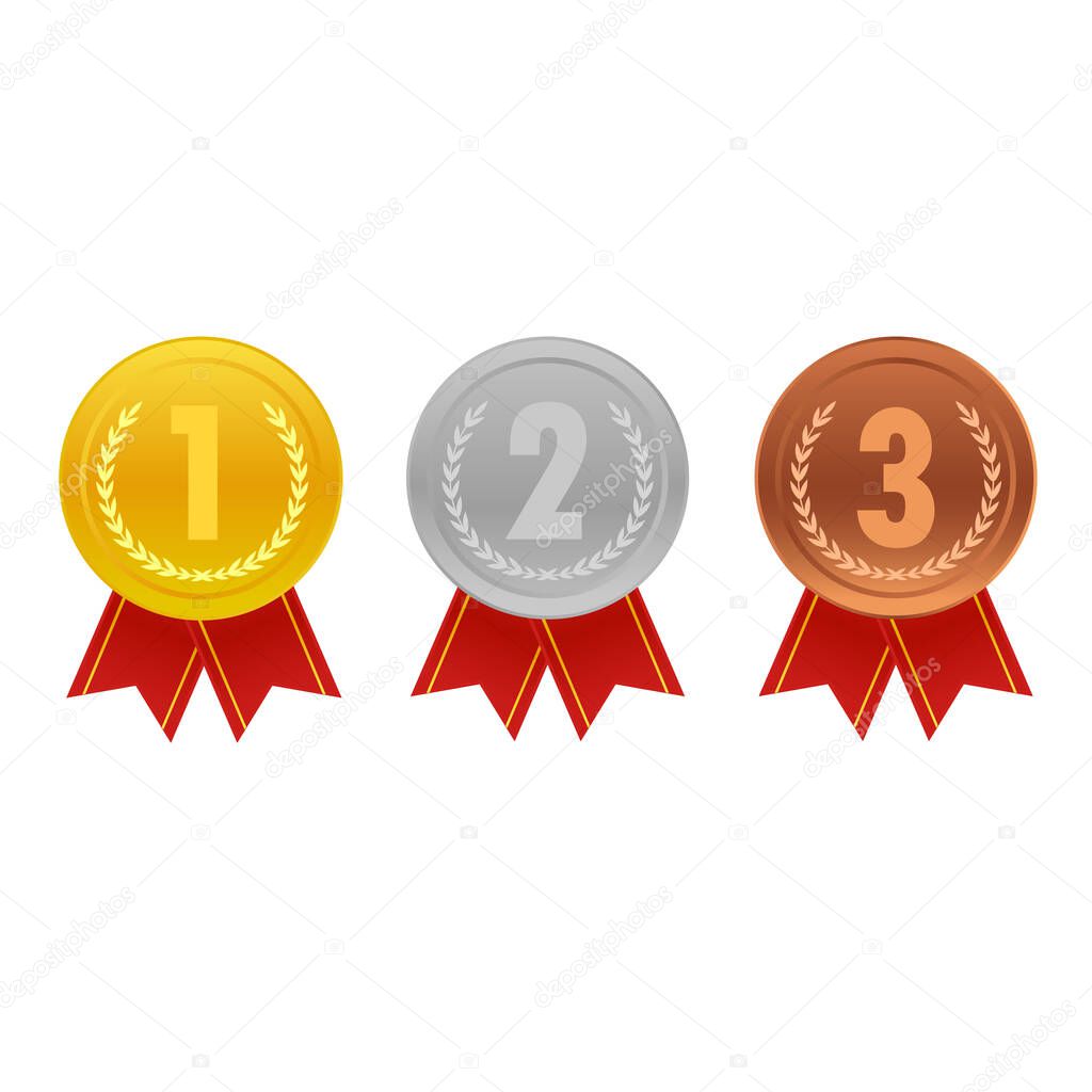 Realistic award medals. Winner medal gold bronze silver first place trophy champion honor best shiny circle ceremony prize,Product and service quality,vector