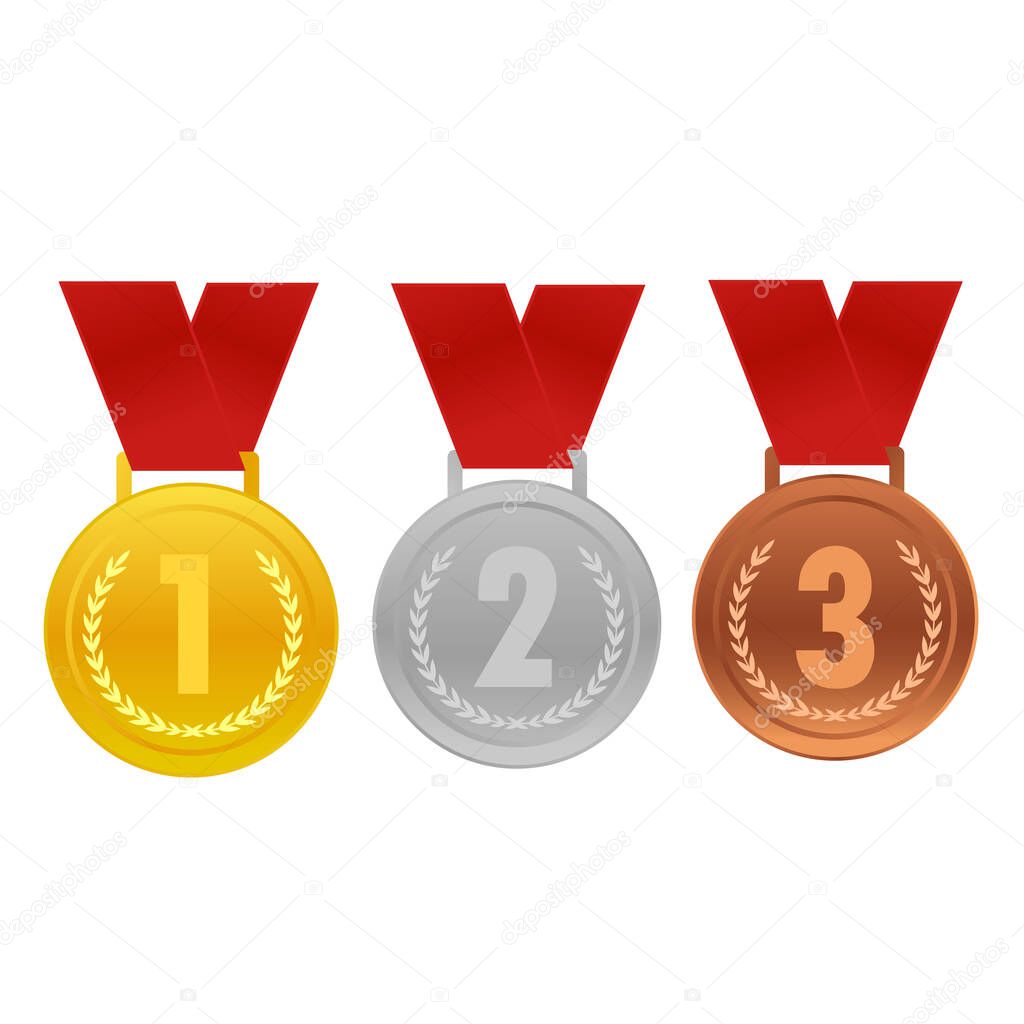 Realistic award medals. Winner medal gold bronze silver first place trophy champion honor best shiny circle ceremony prize,Product and service quality,vector