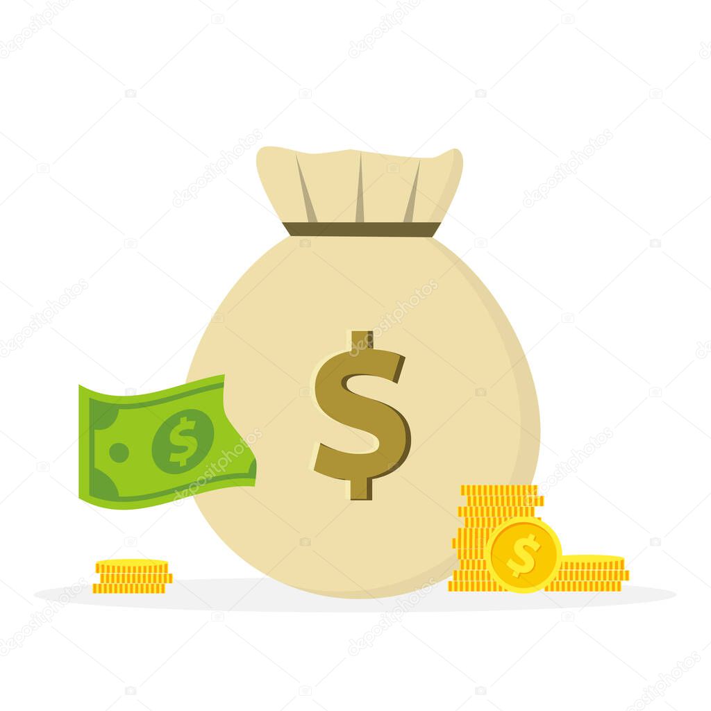 Money bag icon vector money moneybag illustration cartoon flat drawstring black and dollar sign isolated on white background with coins and bank-vector, icon illustrations and vector