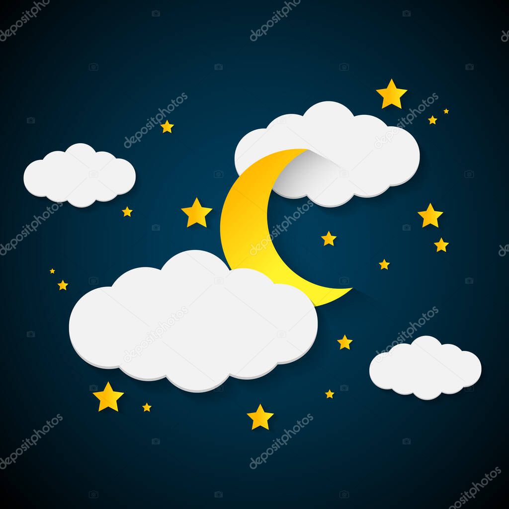 The night sky is full of clouds, moons, and yellow stars. icon-vector