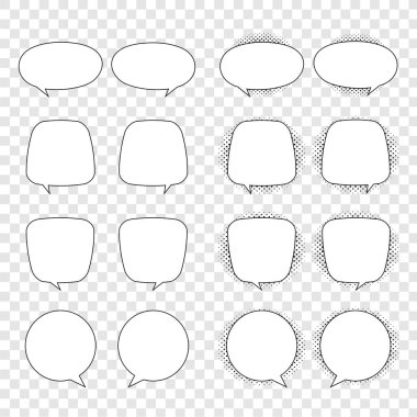 Geriye dönük boş karikatür baloncukları ve elementler şeffaf arkaplanda siyah yarım ton gölgelerle ayarlandı. Vektör illüstrasyonu, klasik tasarım, pop sanat tarzı.