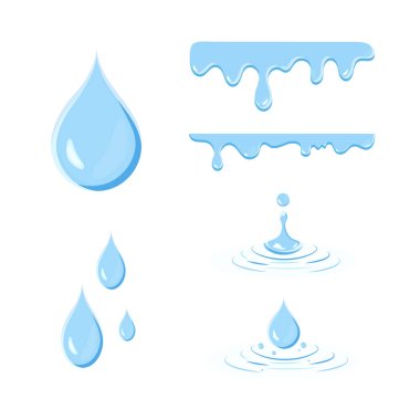 Water droplets falling from the sky are blue liquid rain and water droplets that fall on the surface.Various forms of liquid flow and water flow from high to low. clipart