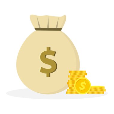 Para çantası para çantası ikonu para çantası resimleme çizgi film düz çizim siyah ve dolar işareti izole beyaz zemin üzerinde madeni paralar ve banka vektörü, simge çizimleri ve vektör