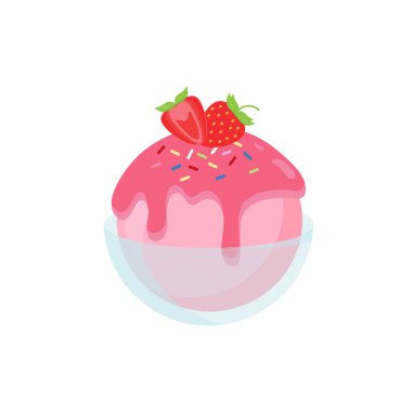 Karikatür dondurmalı waffle külahı içinde dondurma kepçeleri, çeşitli tatlar, çikolata, çilek, vanilya, kahve tozu, dondurma sosu, çikolata sosu, waffle üzerine karamel sosu ve dondurma fincanı örnekleri var.