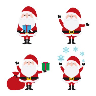 Noel Babalar, Noel Baba Koleksiyonu için hazırlandı. Mutlu Noeller, vektör kış geçmişi. Noel Baba ve Noel Geyiği çizgi film setleri. Vektör illüstrasyon ve simge