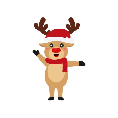 Ren geyikleri Noel kutlamalarında mutlu bir gülümseme takınır, hediyeler alır, el sallar, hediyeler dağıtırlar. Bacaya iğneler. Vektör illüstrasyonu ve simgesi