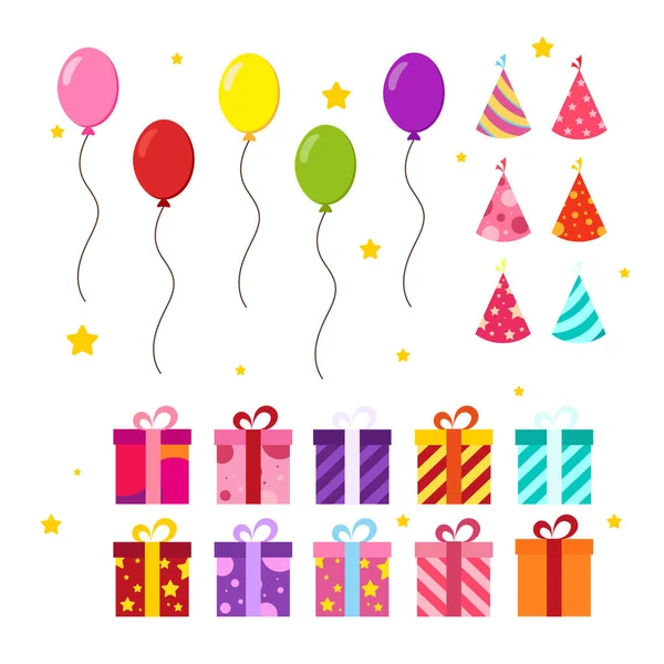 Happy Birthday Party Birthday Cake Box Celebration Party Hat Gifts — Stock Vector