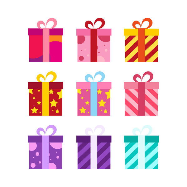 С днем рождения торт коробка Празднование партии Шляпа Подарки Многоцветные воздушные шары день рождения свечи набор изолированных плоский вектор графический дизайн иллюстрации и иконок элементов