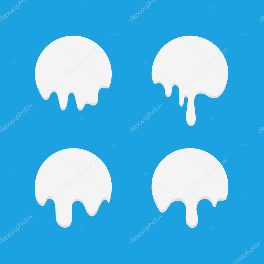 Milk label with drops Melted milkshake, circle stickers with drops White droplets yogurt drops liquid splashes vector shiny logos set sphere