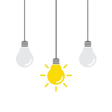 Ampul fikirlerle, yaratıcı düşüncelerle, çözümleme için analitik düşüncelerle doludur. Ampul simgesi vektörü. Fikirler gösterimi.