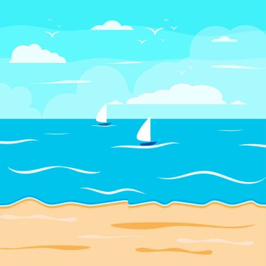 Çizgi film yaz plajı, deniz kenarı doğal tatil, tropik plaj, deniz manzarası arka plan çizimi