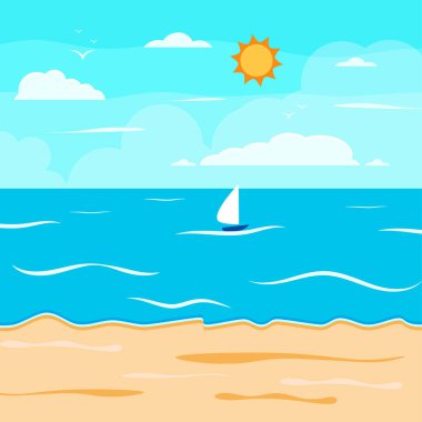 Çizgi film yaz plajı, deniz kenarı doğal tatil, tropik plaj, deniz manzarası arka plan çizimi