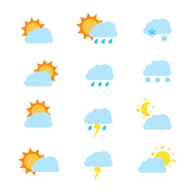 Hava tahmini simgeleri arasında yağmur mevsimi, yağmur fırtınası, gök gürültüsü, şimşek, kış, kar, soğuk hava, yaz, yükselen güneş, açık hava, sıcak hava, bahar, gece, ay, yıldızlar yer alıyor. Vektör illüstrasyonu