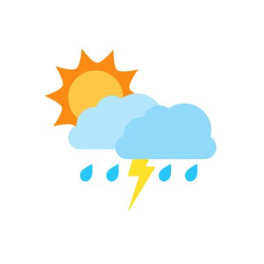 Hava tahmini simgeleri arasında yağmur mevsimi, yağmur fırtınası, gök gürültüsü, şimşek, kış, kar, soğuk hava, yaz, yükselen güneş, açık hava, sıcak hava, bahar, gece, ay, yıldızlar yer alıyor. Vektör illüstrasyonu