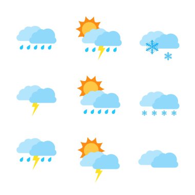 Hava tahmini simgeleri arasında yağmur mevsimi, yağmur fırtınası, gök gürültüsü, şimşek, kış, kar, soğuk hava, yaz, yükselen güneş, açık hava, sıcak hava, bahar, gece, ay, yıldızlar yer alıyor. Vektör illüstrasyonu