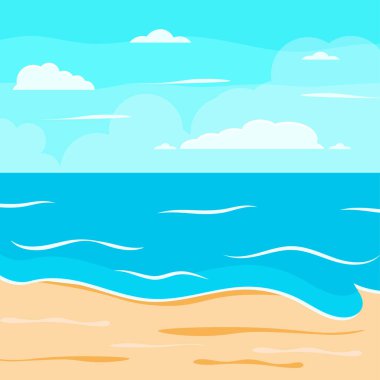Çizgi film yaz plajı, deniz kenarı doğal tatil, tropik plaj, deniz manzarası arka plan çizimi