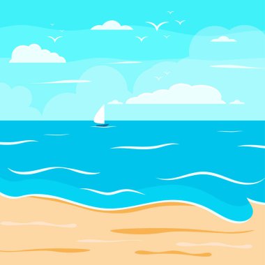 Çizgi film yaz plajı, deniz kenarı doğal tatil, tropik plaj, deniz manzarası arka plan çizimi