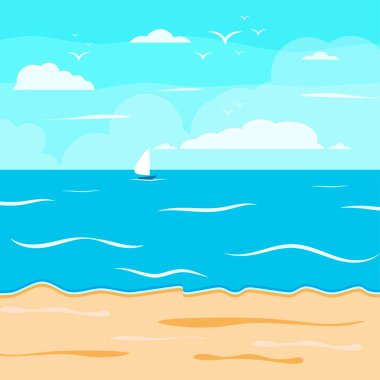 Çizgi film yaz plajı, deniz kenarı doğal tatil, tropik plaj, deniz manzarası arka plan çizimi