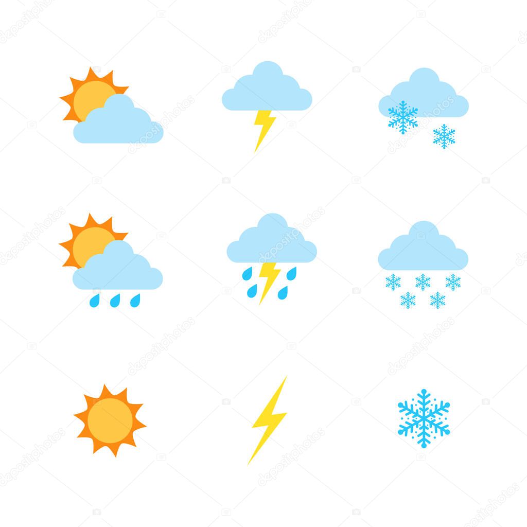 Weather forecast icons include,rainy season,rainstorm, thunder,lightning, winter,snowing, cold weather, summer,rising sun,clear weather,hot weather,spring, night,moon,stars. Vector illustration