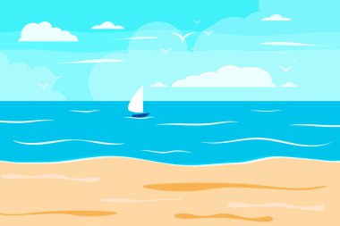 Çizgi film yaz plajı, deniz kenarı doğal tatil, tropik plaj, deniz manzarası arka plan çizimi