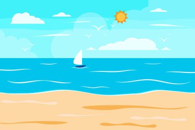 Çizgi film yaz plajı, deniz kenarı doğal tatil, tropik plaj, deniz manzarası arka plan çizimi